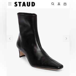 STAUD Black Leather Pointed Toe Kitten Heel Ankle Boots